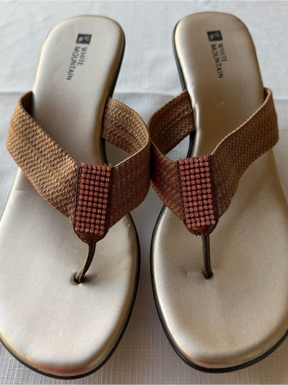 White Mountain Brown Woven Thong Sandals with Beaded Accent